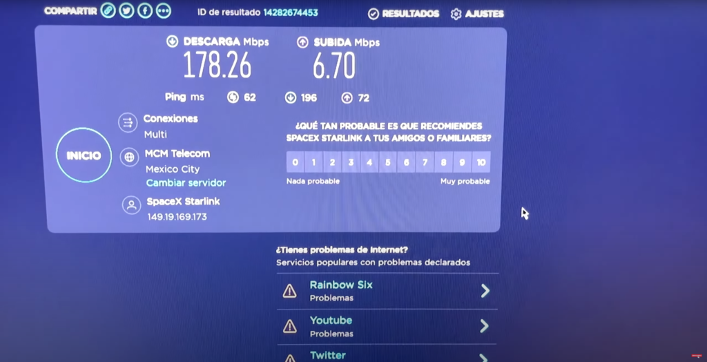 prueba de velocidad del internet starlink en mexico